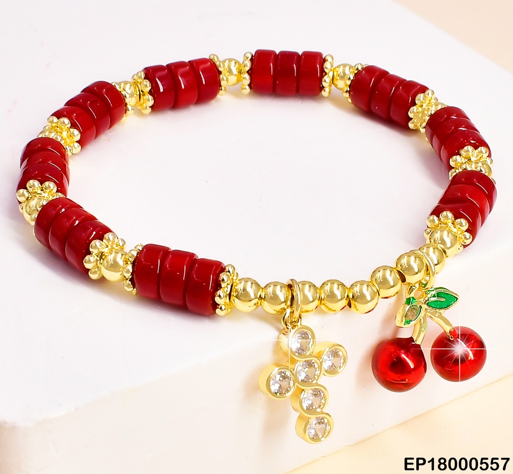 PULSERA RUEDITAS ROJAS/DOR.DIJES:CRUZ ZIRC./CEREZAS BE328-294