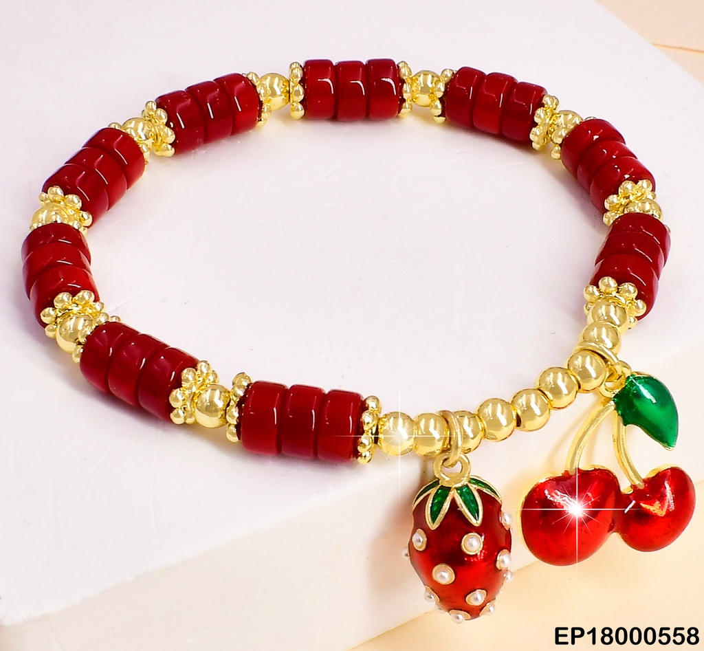 PULSERA RUEDITAS ROJAS/DOR.DIJES:FRESA/CEREZAS BE329-294