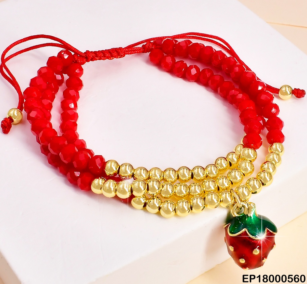 PULSERA AJUST. TRIPLE PELOTITAS DOR./ROJAS DIJE:FRESA BE331-294