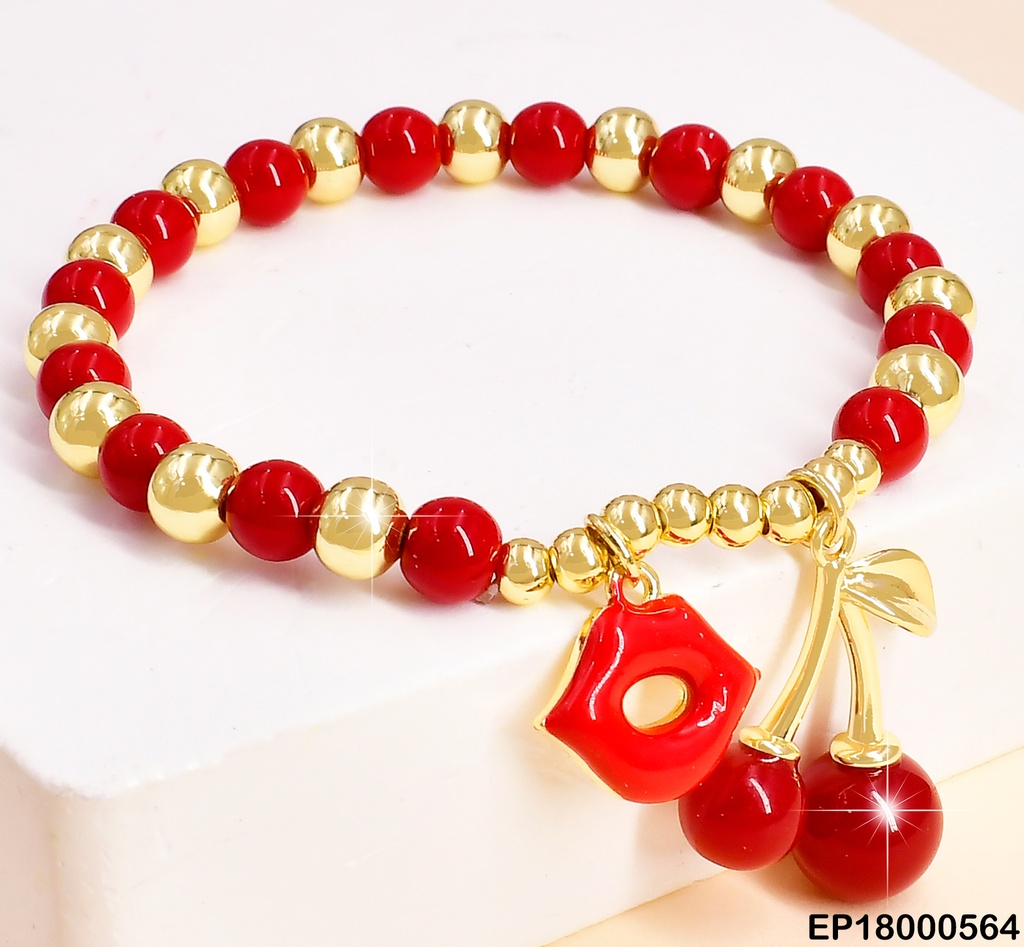 PULSERA PELOTAS ROJAS C/DOR.DIJES:LABIOS/CEREZAS BE335-294