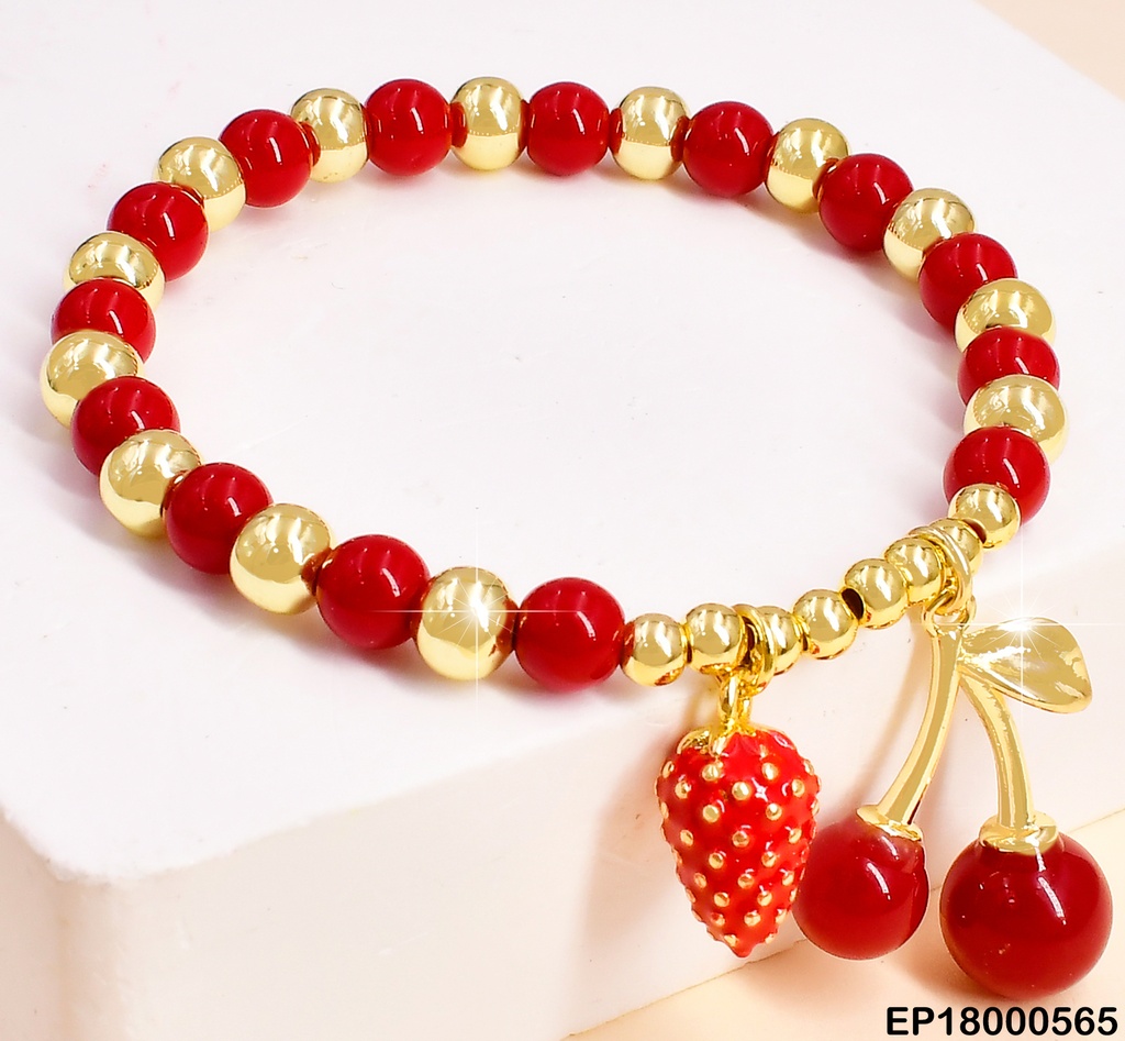 PULSERA PELOTAS ROJAS C/DOR.DIJES:FRESA/CEREZAS BE336-294
