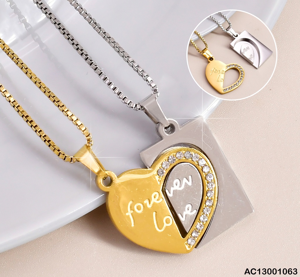DUO CADENAS DOR/PLAT PLACA CORAZON "FOREVER LOVE" CA381-307