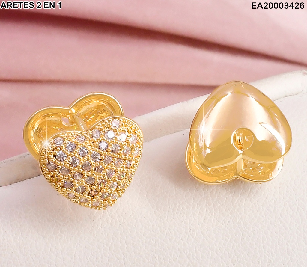 ARETES HUGGIES PQ. DOBLE CORAZON ZIRC./LISO EE1433-6