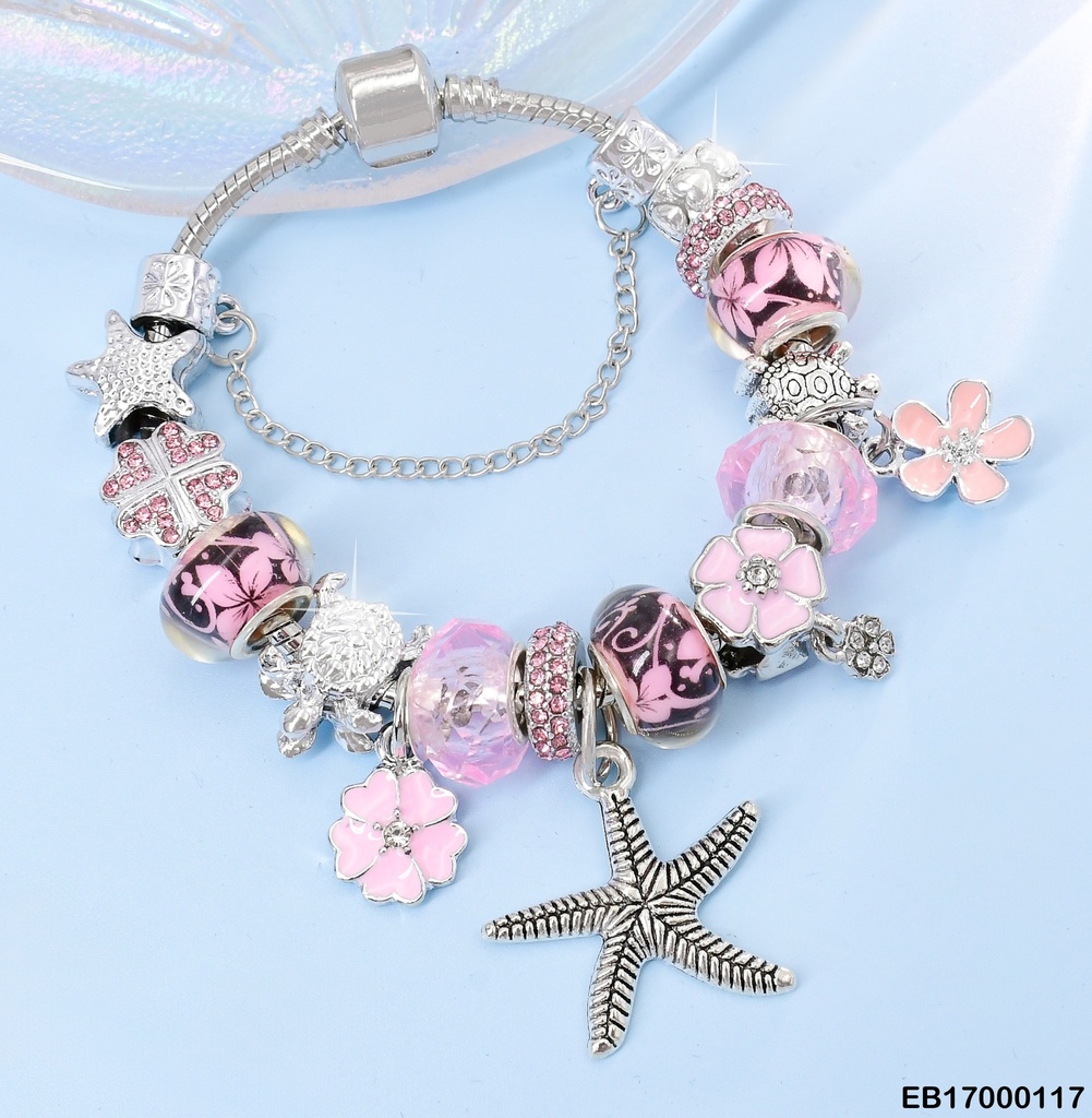 BRAZALETE PLAT DETALLES ROSADOS/ ESTRELLA/FLORES BE296-5