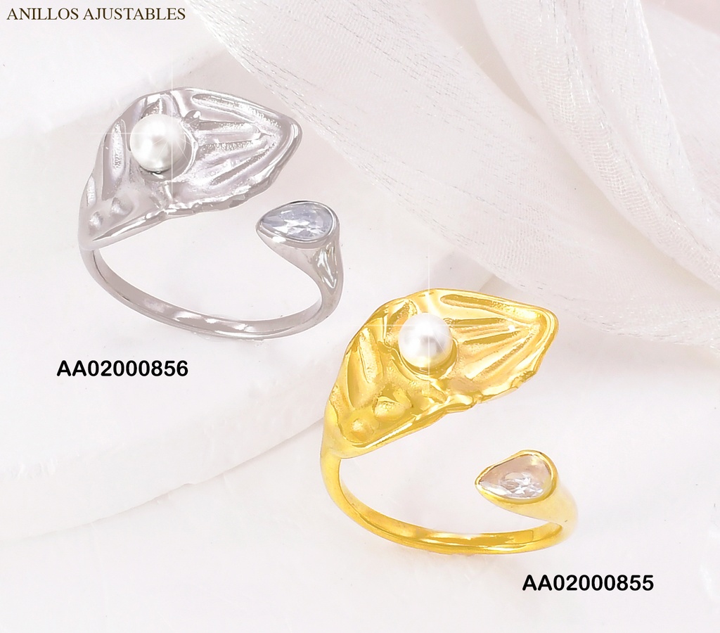 ANILLO DOR AJUSTABLE HOJA CORRUGADA PERLA CENTRO RA253-305