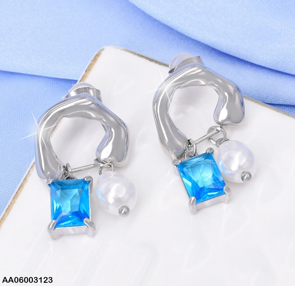 ARETES PLAT. ARCO IRREGULAR INFLADO/ZIRC RECT. /PERLA COLGANTE EA935-45