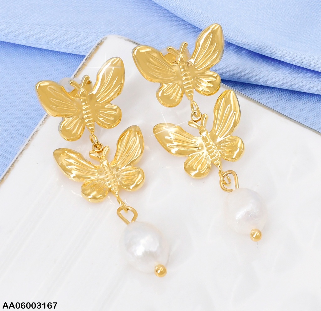 ARETES DOR 2 MARIPOSAS EN VERT./ PERLA COLGANTE EA1013-45
