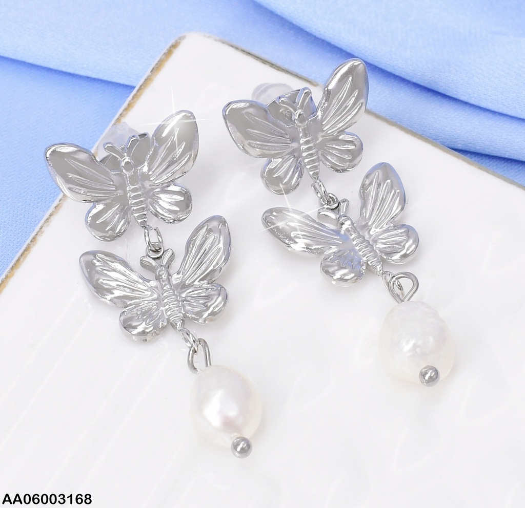 ARETES PLAT 2 MARIPOSAS EN VERT./ PERLA COLGANTE EA1014-45