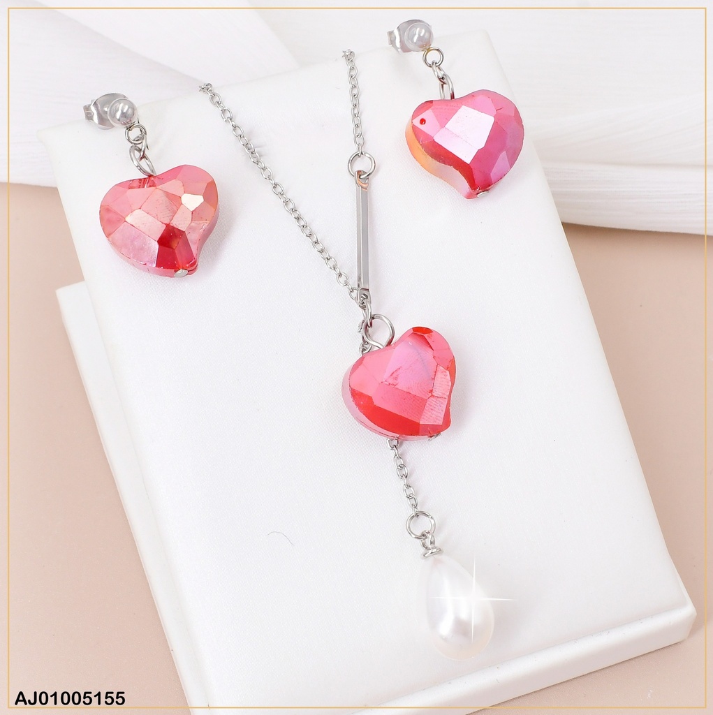 JUEGO PLAT.PIEDRA CORAZON ROJO C/GOTA BLANCA 085073