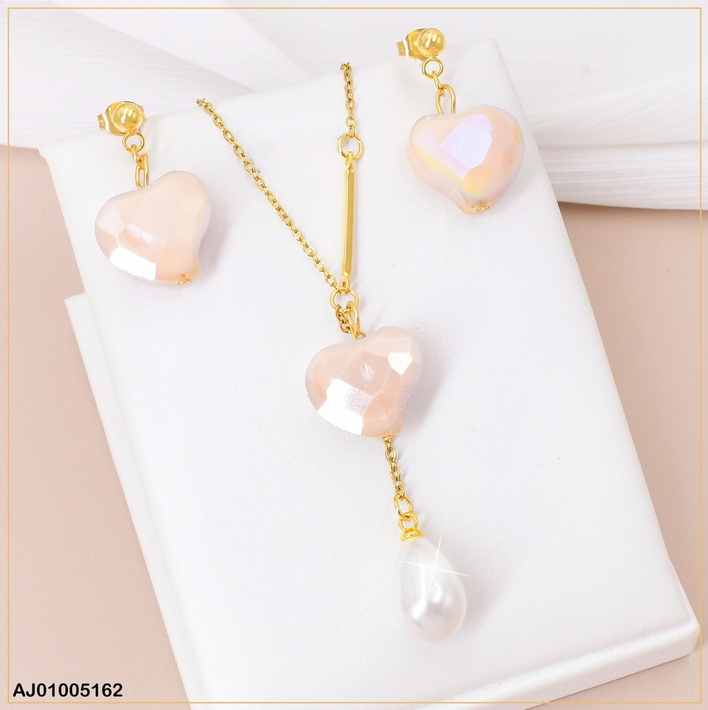 JUEGO PIEDRA CORAZON BEIGE C/GOTA BLANCA 084140