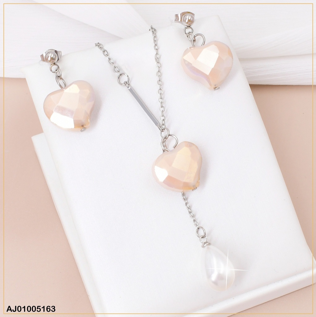 JUEGO PLAT.PIEDRA CORAZON BEIGE C/GOTA BLANCA 085091
