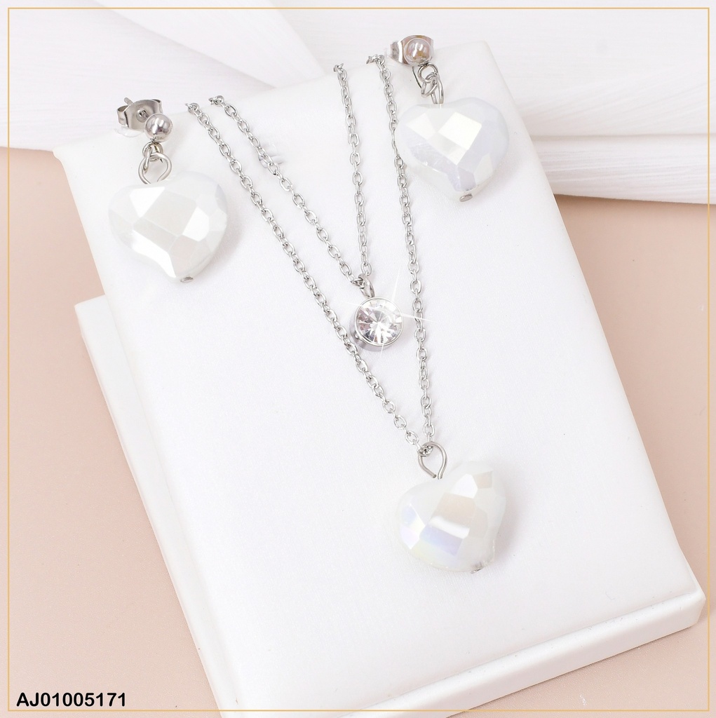 JUEGO PLAT.PIEDRA CORAZON BLANCO C/ZIRCONIA RD. 085090