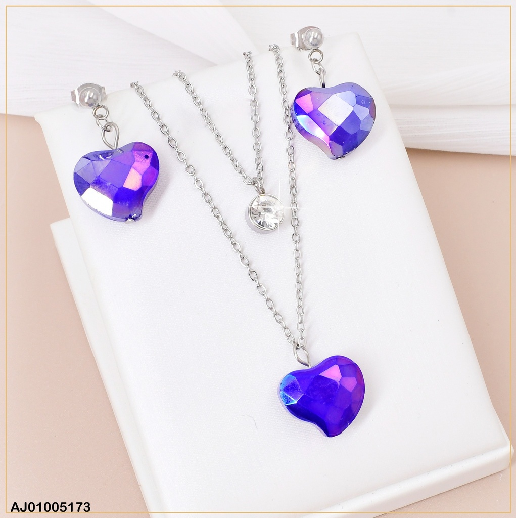 JUEGO PLAT.PIEDRA CORAZON MORADO C/ZIRCONIA RD. 085092