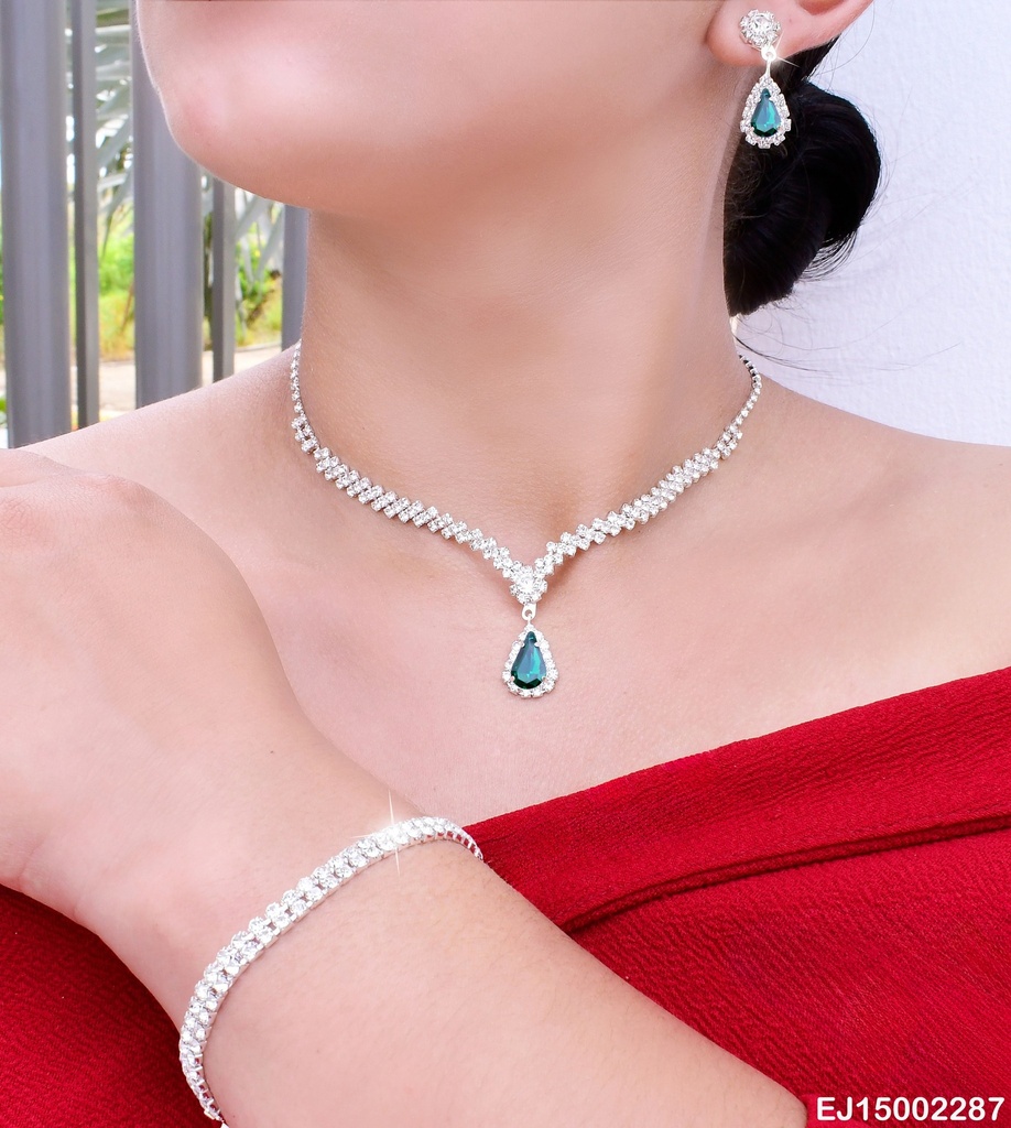 JUEGO PLAT DETALLES ZIRC CRISTAL/VERDES /PULSERA SE729-83