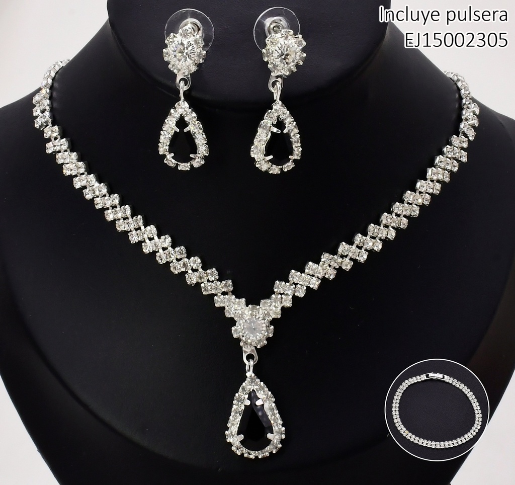 JUEGO PLAT DETALLES ZIRC FLOR/GOTA NEGRA/PULSERA SE728-83