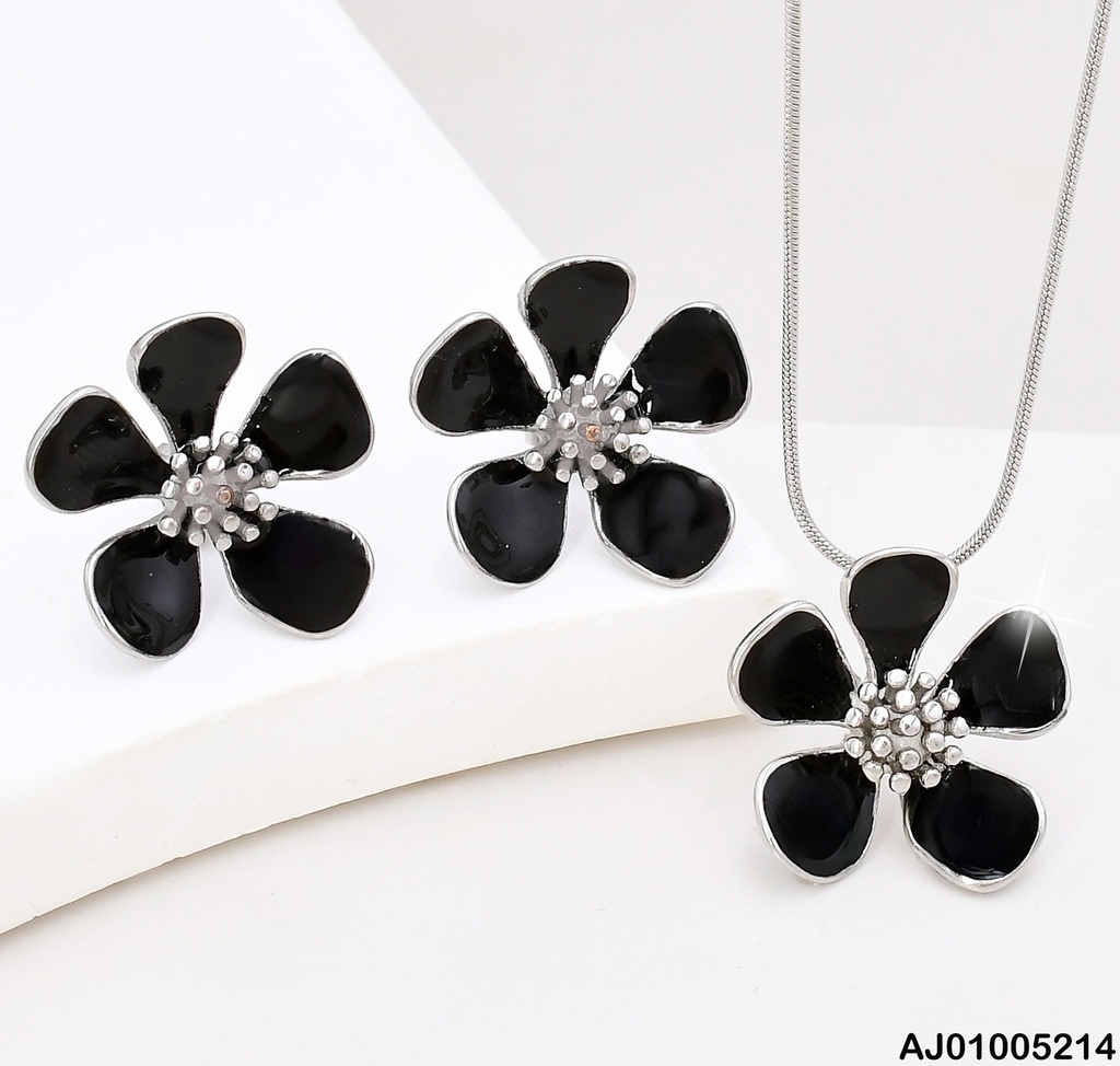 JUEGO PLAT. FLOR 5 PETALOS ESMALTADOS NEGROS SA873-1