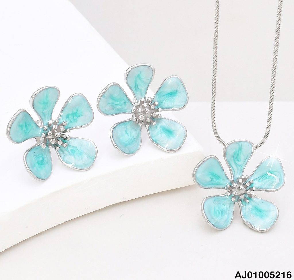 JUEGO PLAT. FLOR 5 PETALOS ESMALTADOS CELESTES SA875-1