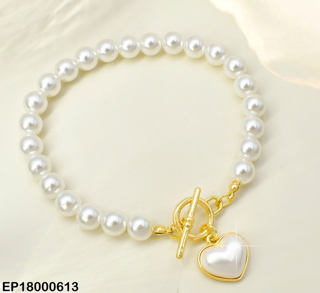 PULSERA PERLAS DIJE CORAZON BLANCO BASE DOR. BE292-9