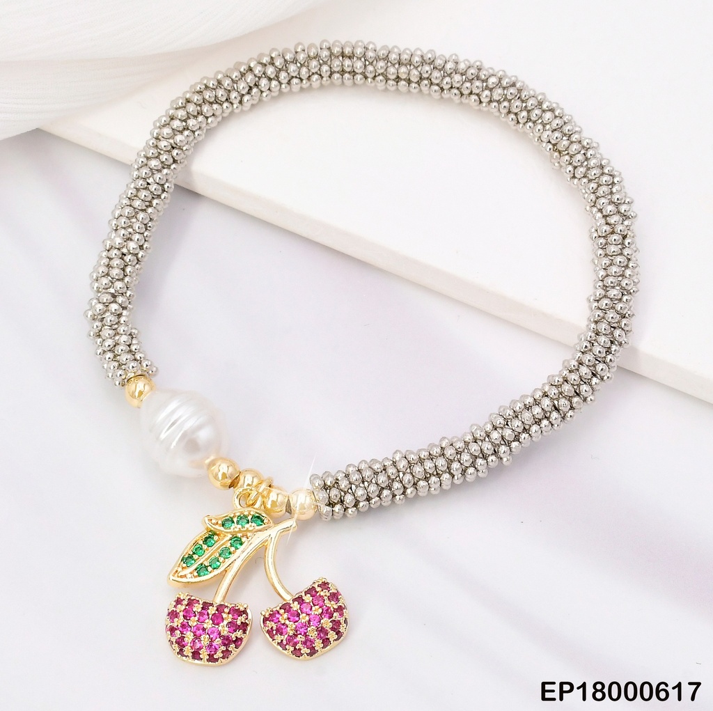PULSERA PLAT PELOTITAS/ESF.DOR/PERLA/CEREZA ZIRC BE347-9 (CHE)