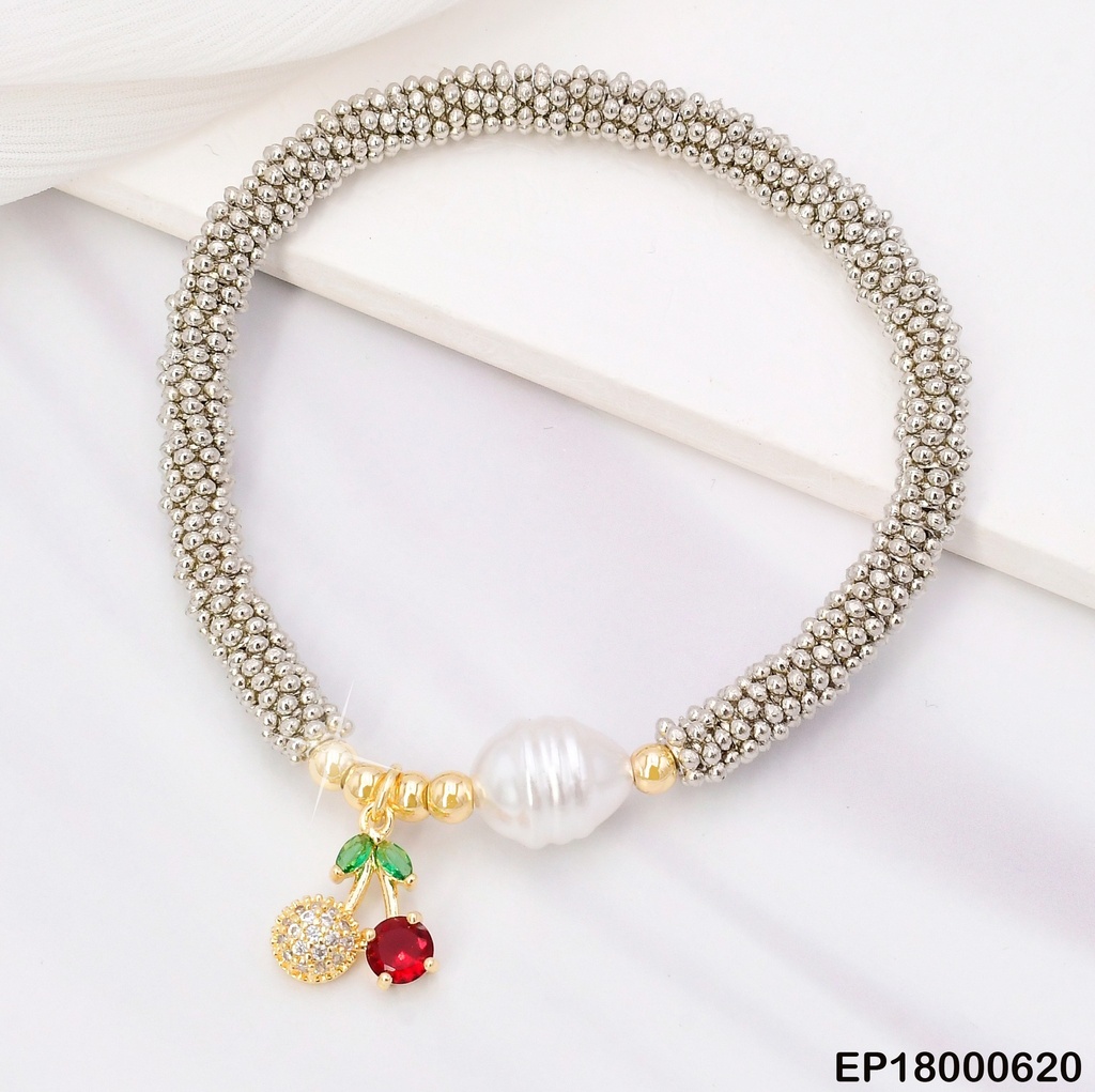 PULSERA PLAT PELOTITAS/ESF.DOR/PERLA/CEREZA BE351-9