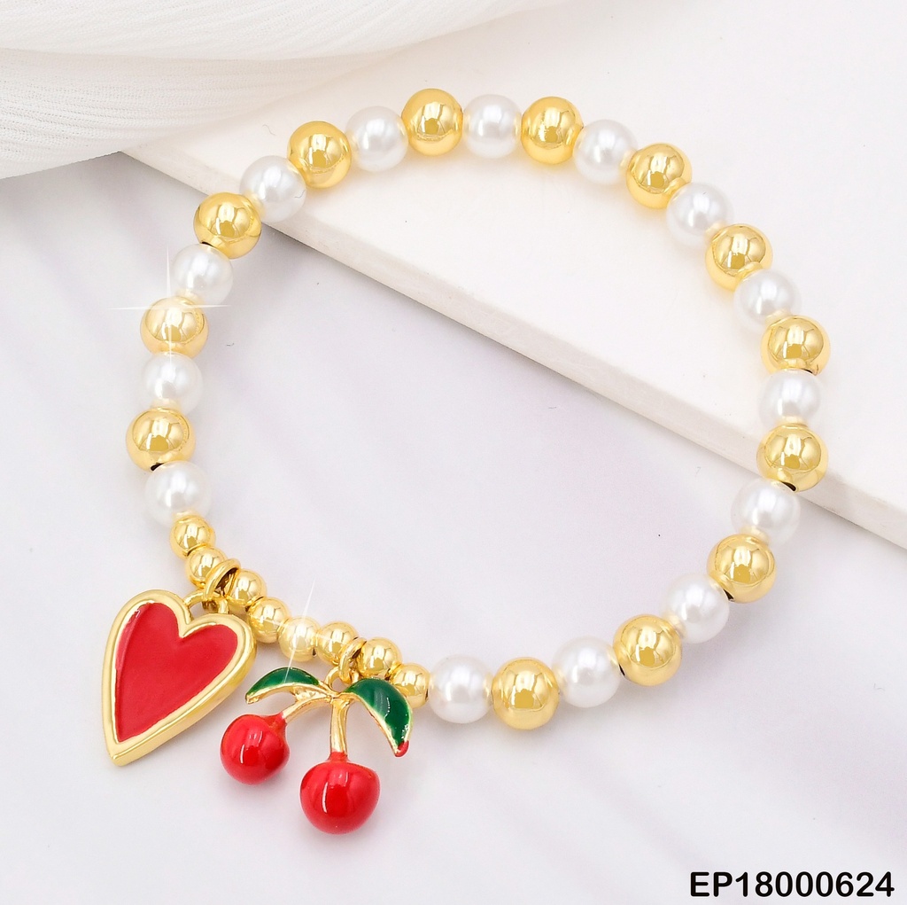 PULSERA ESFERAS DOR/PERLAS/CEREZAS/CORAZON BE355-294