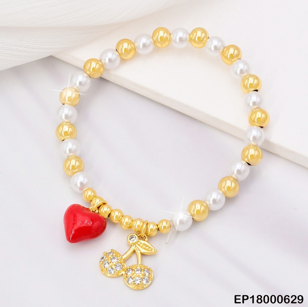 PULSERA ESFERAS DOR/PERLAS/CEREZAS ZIRC CRISTAL/CORAZON BE362-294