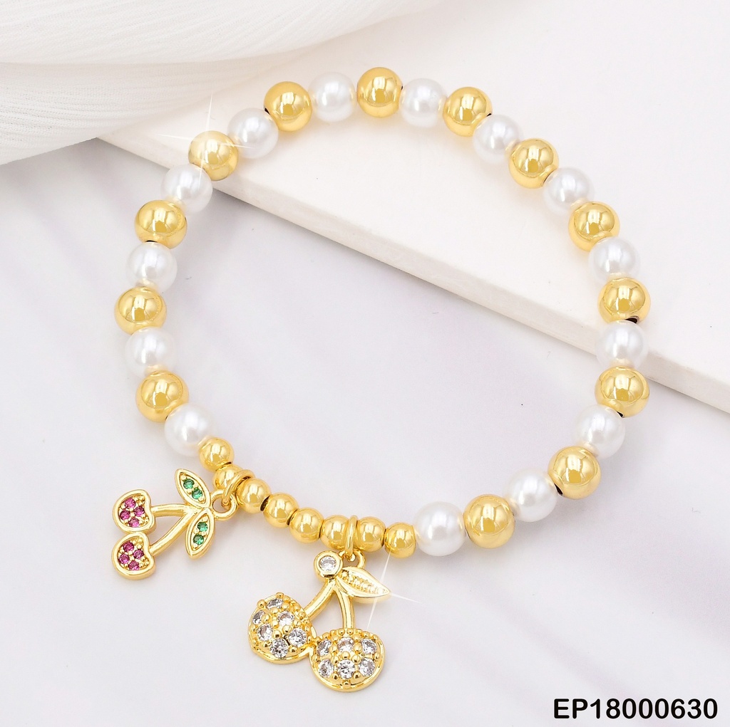 PULSERA ESFERAS DOR/PERLAS/CEREZAS ZIRC CRISTAL/FUCSIA BE361-294