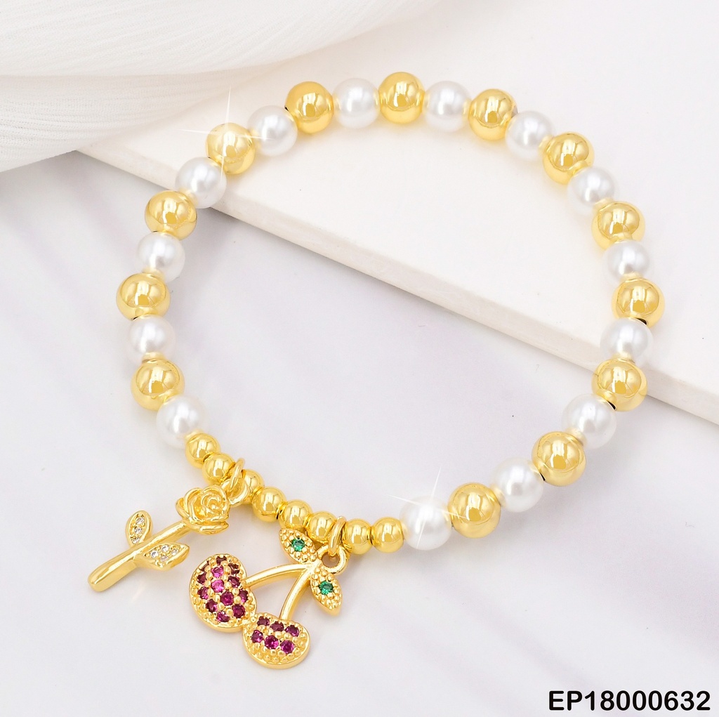 PULSERA ESFERAS DOR/PERLAS BLANCAS/CEREZAS/FLOR BE385-294