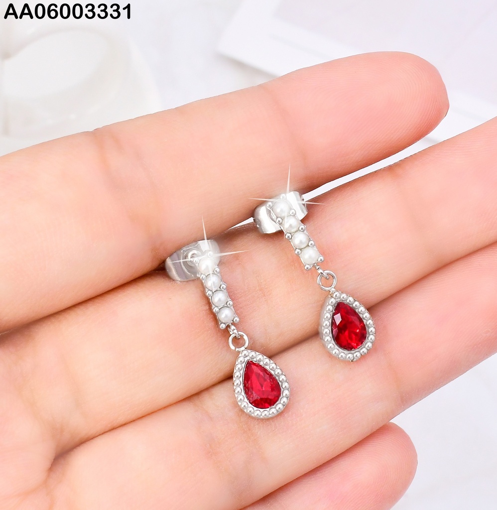 ARETES PLAT.4 PERLITAS VERT.C/GOTA ZIRC.ROJA KE114618