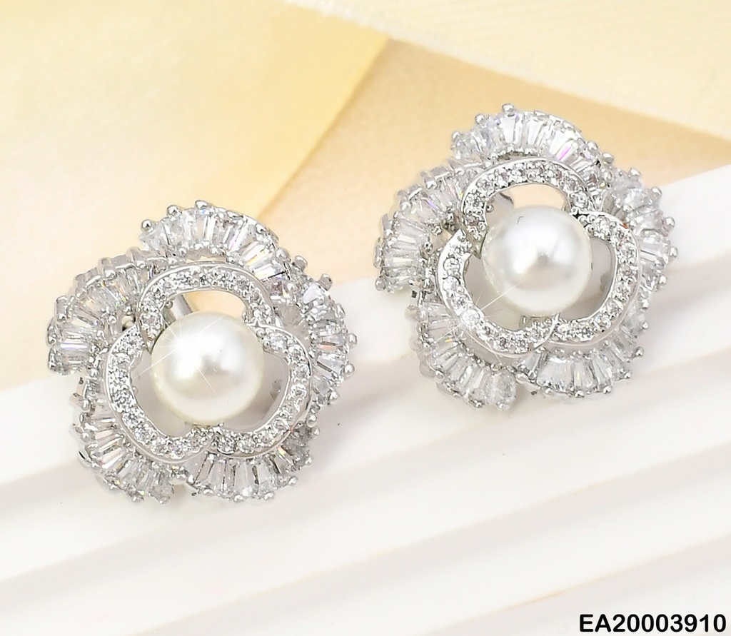 ARETES PLAT FLOR ZIRC. RECT./ PERLA EE1006-3