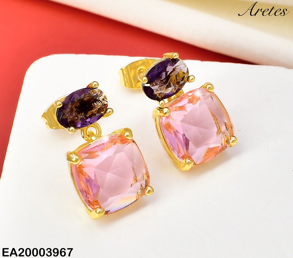 ARETE DOR ZIRCONIAS OVALO  MORADO /RECT. ROSA  EE1847-9-9