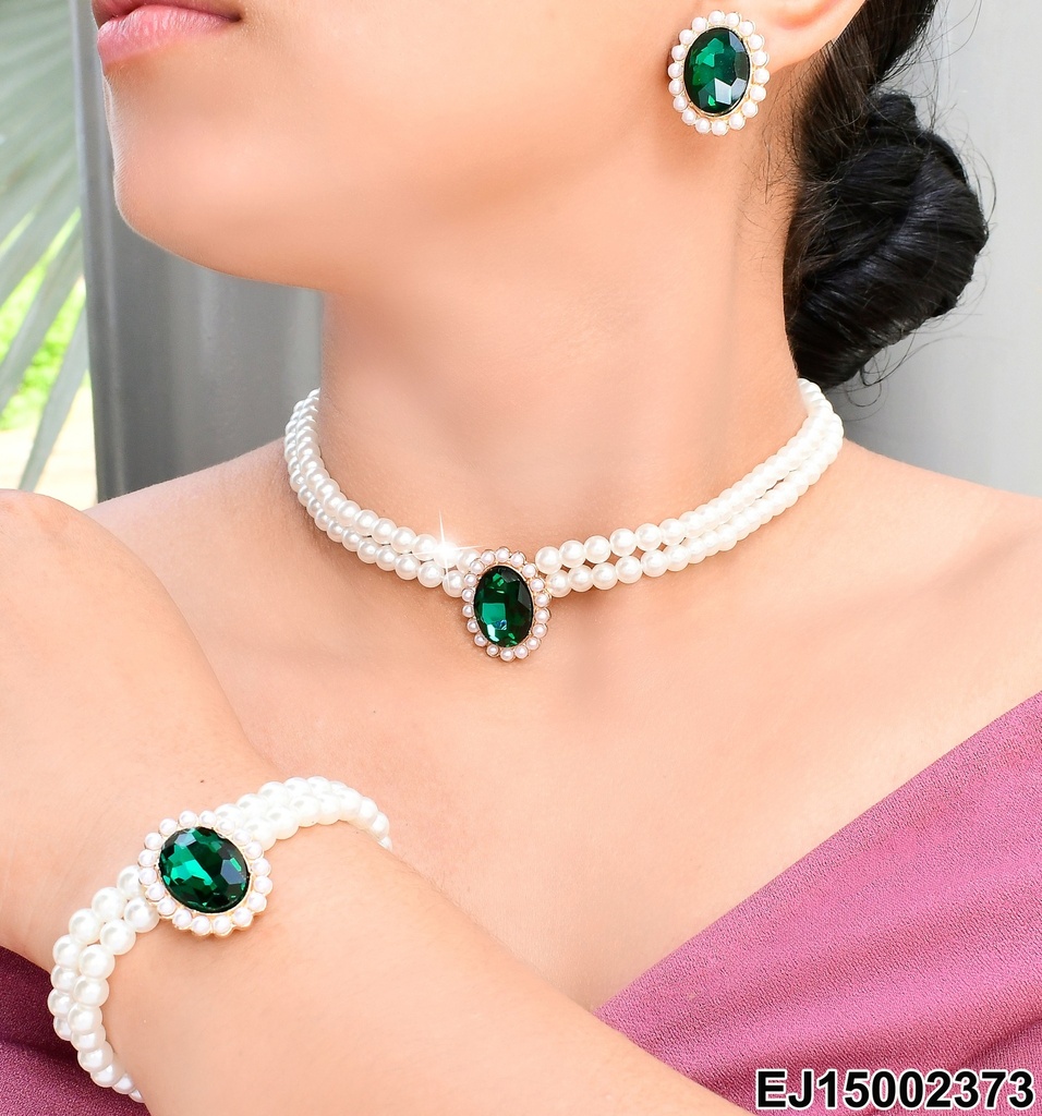 JUEGO PERLAS C/ZIRCONIA VERDE OVALADA C/PULSERA SE647-298