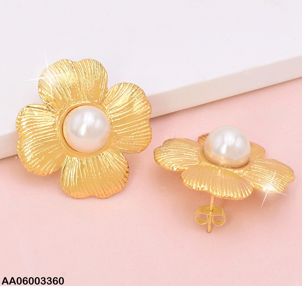 ARETES FLOR 4 PETALOS RAYADOS/ PERLA CENTRO EA1163-270