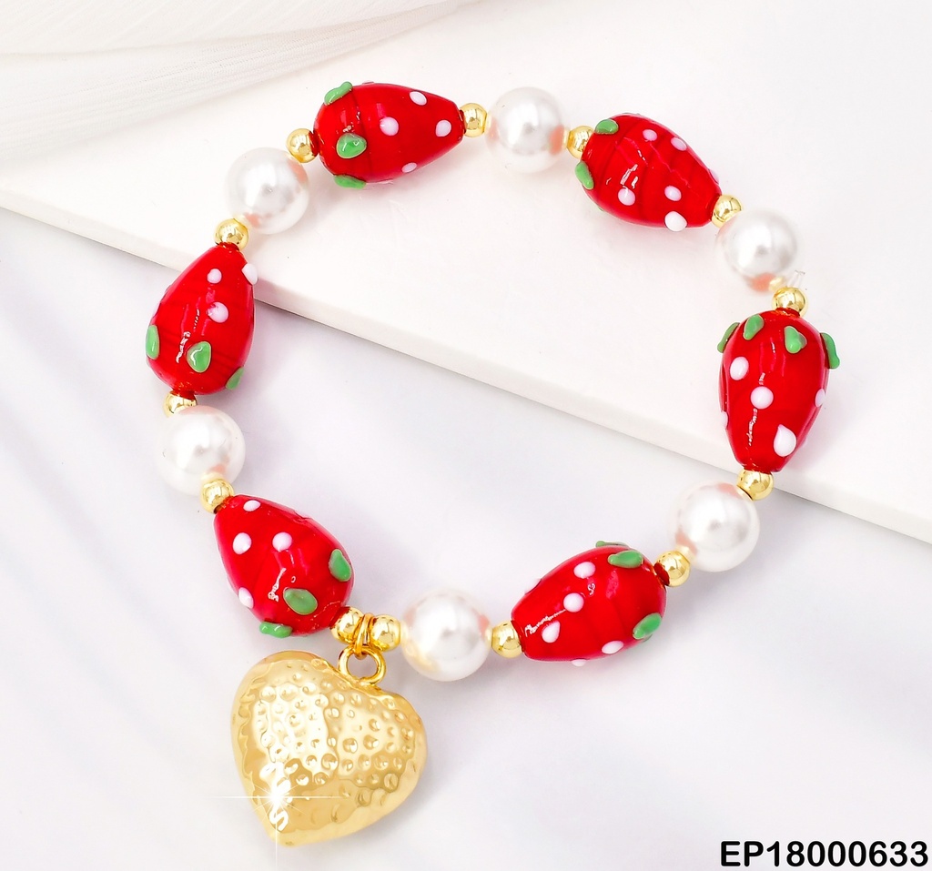 PULSERA FRESAS/PERLAS DIJE CORAZON INFLADO BE421-5