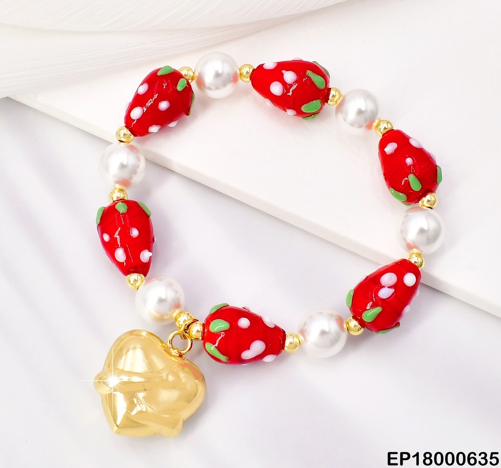PULSERA FRESAS/PERLAS DIJE CORAZON ABRAZADO BE423-5
