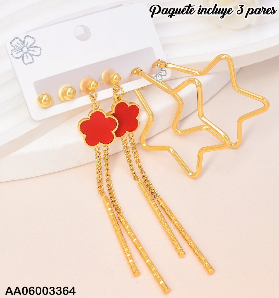 PAQ. 3 PARES ARETES ESF/FLOR ROJA/ESTRELLA SA921-270