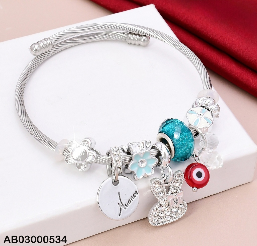 BRAZALETE PLAT DETALLES CELESTE FLOR/RUEDA/CONEJO/OJO F1545-100