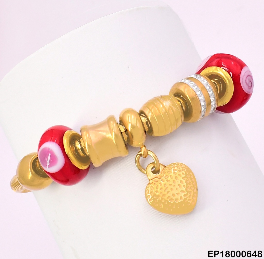 PULSERA DOR DETALLES CORAZON CORRUGADO/RUEDAS ROJAS R7033-289