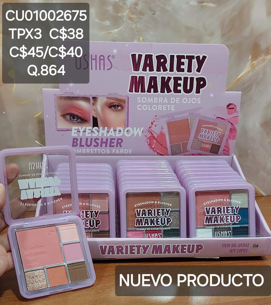 PALETA SOMBRAS+BLUSH VARIETY USHAS UF042-4 SURTIDOS