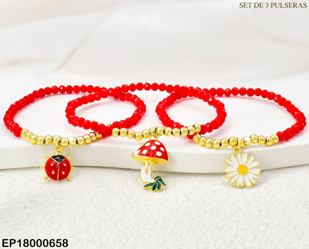 PAQ. 3 PULSERA PELOTITAS ROJAS/DORADAS/MARIQUITA/FLOR/HONGO BE453-9