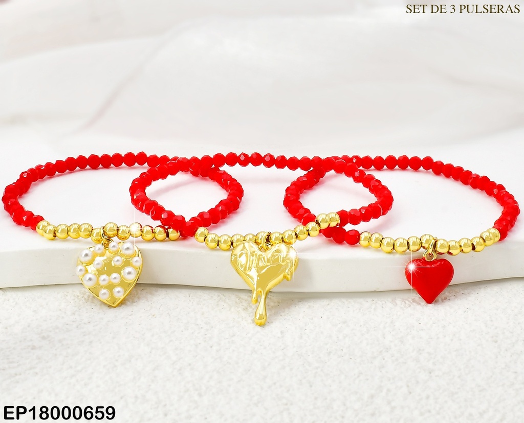 PAQ. 3 PULSERAS PELOT ROJAS /DORADAS/ CORAZON ROJO/DERRETIDO/ PERLAS BE461-9