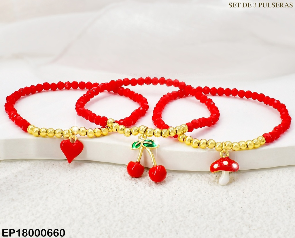 PAQ. 3 PULSERAS PELOT. ROJAS/DOR/CEREZAS/CORAZON/HONGO BE460-9