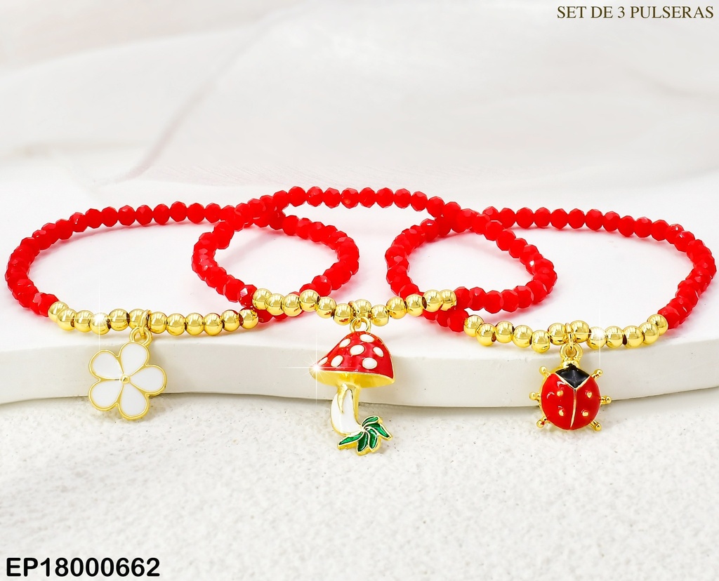 PAQ.3 PULSERAS PELOT ROJAS/DOR/FLOR/HONGO BE454-9