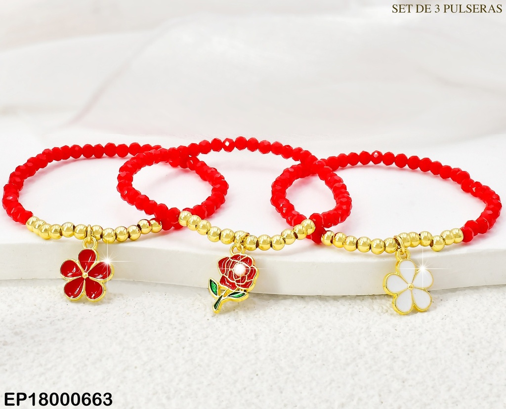 PAQ.3 PULSERAS PELOT. ROJAS/FLOR BLANCA/ROJA/ROSA BE457-9