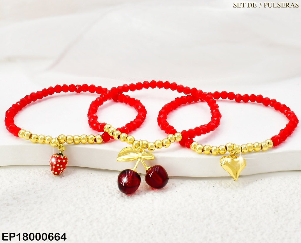 PAQ.3 PULSERAS PELOT. ROJAS/DOR/FRESA/CORAZON/CEREZAS BE459-9