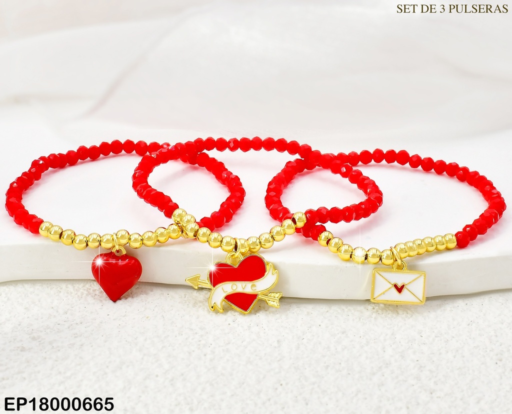 PAQ.3 PULSERAS PELOT. ROJAS/DOR/CORAZON/LOVE/SOBRE BE452-9