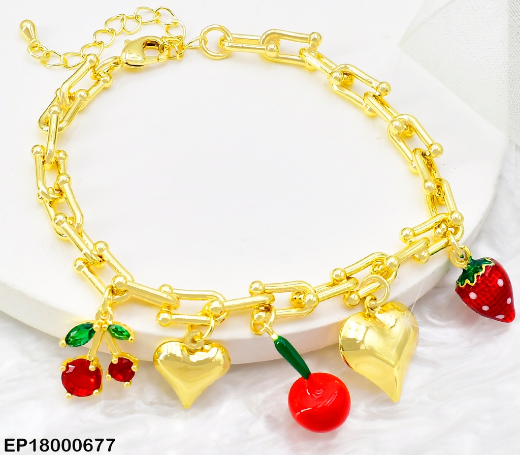 PULSERA DOR ESLABONES LARGOS/CEREZA/MANZANA/FRESA/CORAZON BE560-9