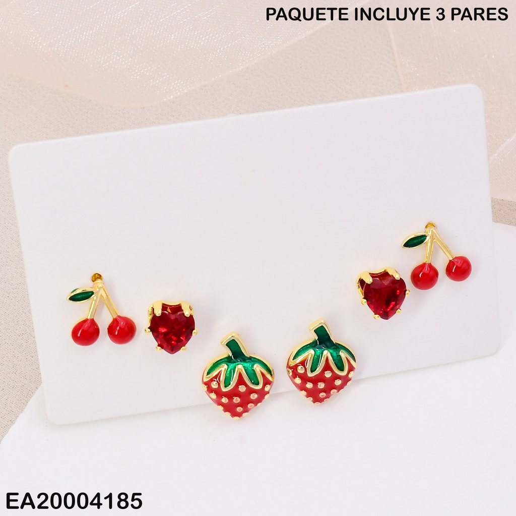 PAQ. 3 ARETES FRESAS/CORAZON/CEREZAS SE998-9