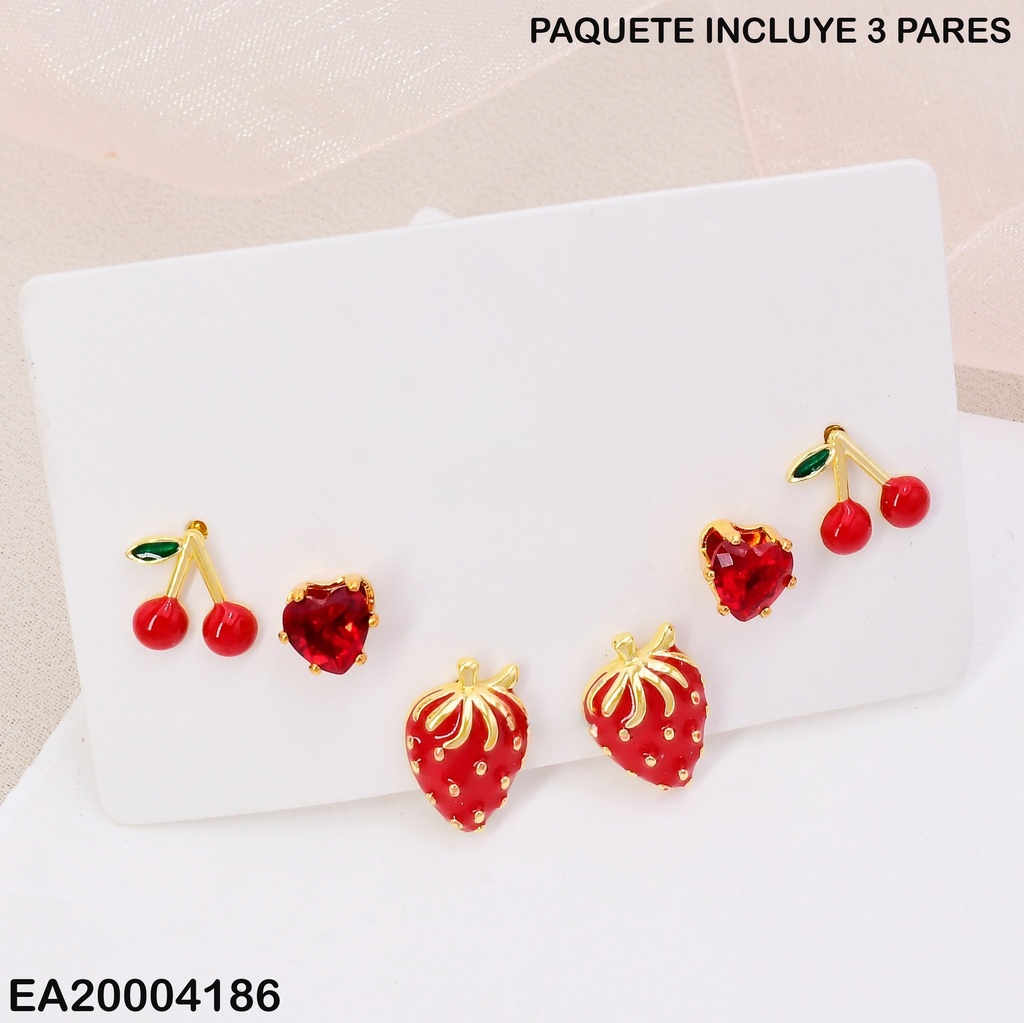 PAQ. 3 ARETES FRESAS HOJITA DOR/CORAZON/CEREZAS SE999-9