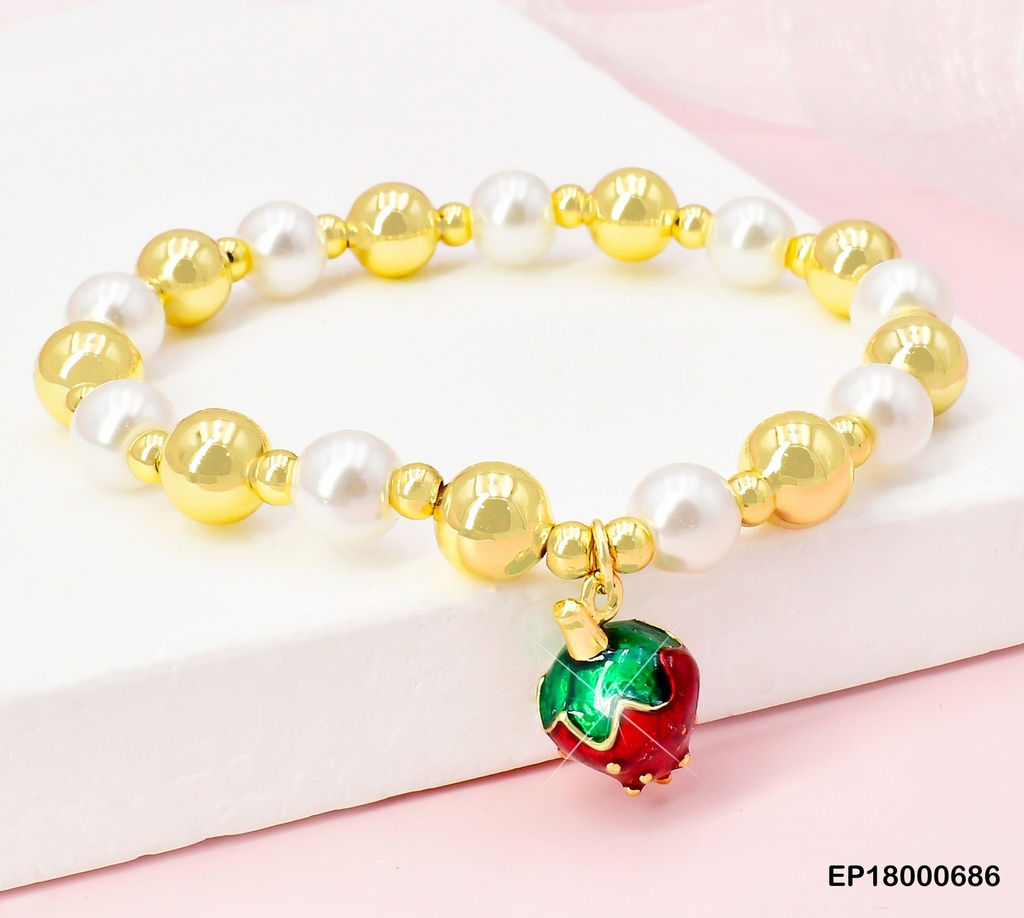PULSERA PELOTITAS DOR.-PERLAS DIJE:FRESA BE399-9 (CHE)